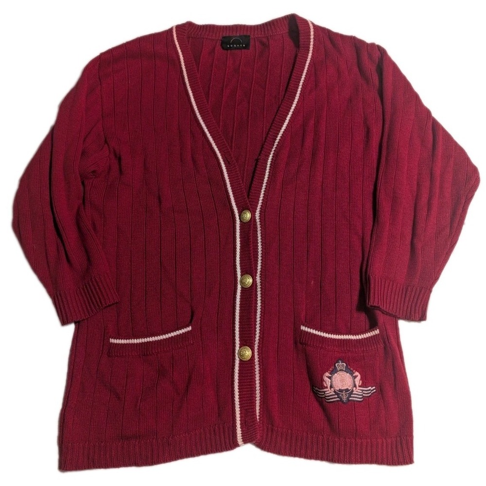 Bogner‎ Women's Cardigan Red Crest Knit Sweater Gold Buttons XL Missing Buttons